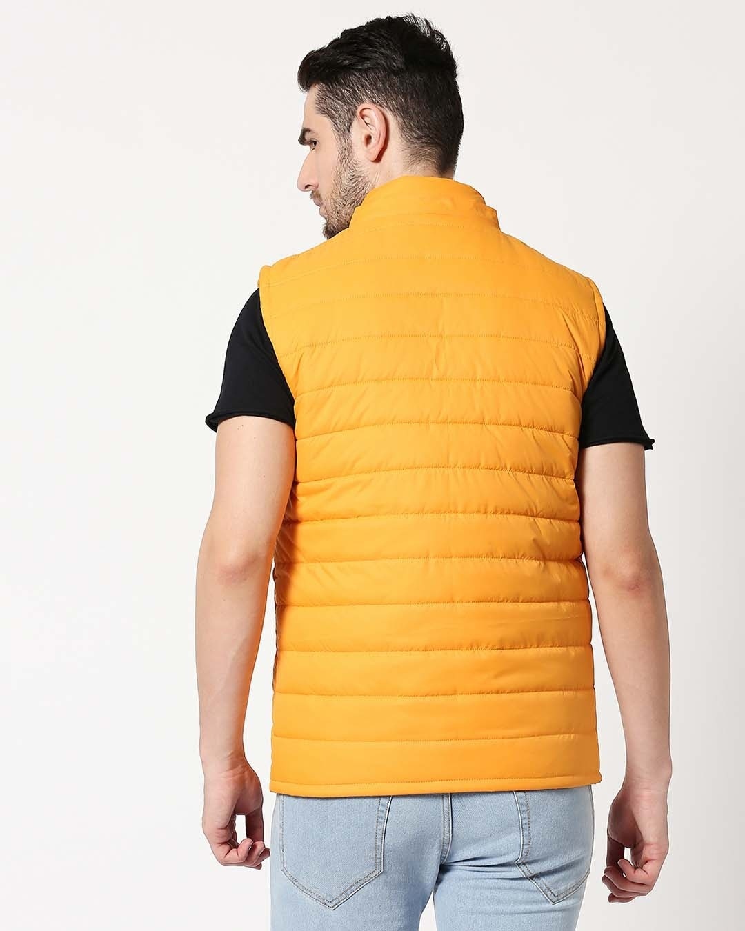 Shop Yellow Plain Sleeveless Puffer Jacket with Detachable Hood-Full