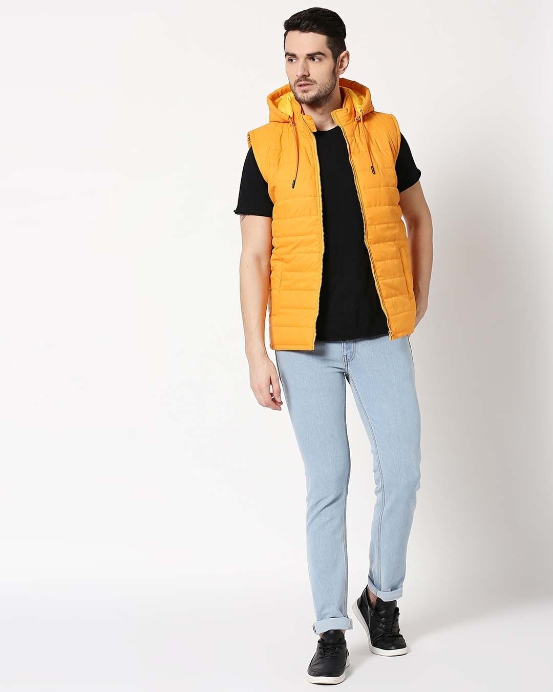 Shop Yellow Plain Sleeveless Puffer Jacket with Detachable Hood
