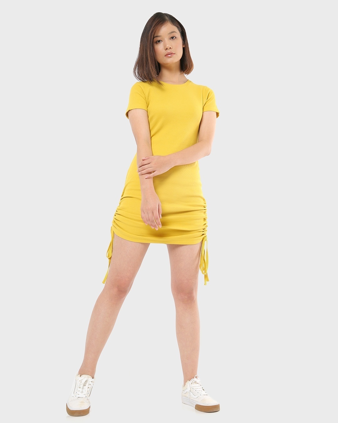Shop Yellow Side Gather Fitted Dress-Full