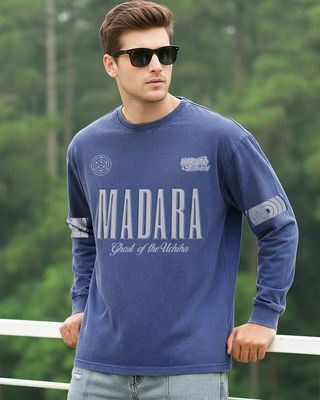 Shop Men's Blue Madara Typography Oversized Acid Wash T-shirt-Front