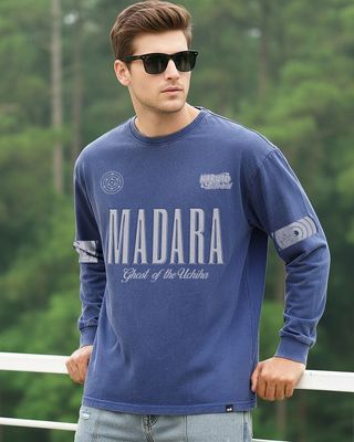 Shop Men's Blue Madara Typography Oversized Acid Wash T-shirt-Front