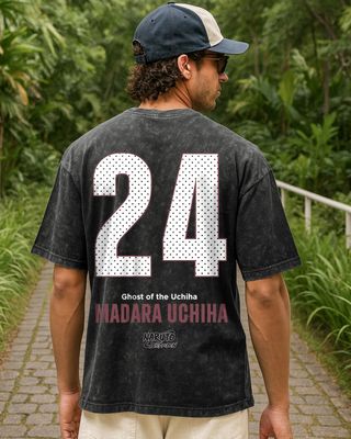 Shop Men's Black Uchiha Ghost Typography Oversized Acid Wash T-shirt-Front