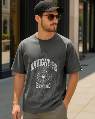 Shop Men's Dark Shadow Grey Navigators Graphic Printed Oversized T-shirt-Front