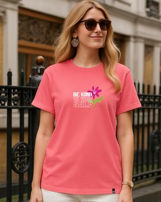 Women's Coral Pink Be Kind Graphic Printed Boyfriend T-shirt-Front Bewakoof Shop Women's Coral Pink Be Kind Graphic Printed Boyfriend T-shirt-Front