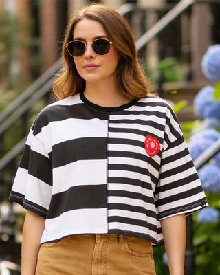 Shop Women's Bright White & Black Striped Oversized Crop T-shirt-Front