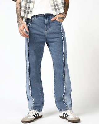 Shop Men's Blue Applique Washed Straight Fit Jeans-Front