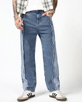 Men's Blue Applique Washed Straight Fit Jeans-Front Bewakoof Shop Men's Blue Applique Washed Straight Fit Jeans-Front