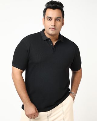 Shop Men's Jet Black Textured Plus Size Polo T-shirt-Front