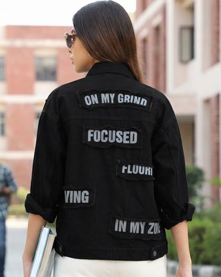 Shop Women's Black Typography Denim Jacket-Front