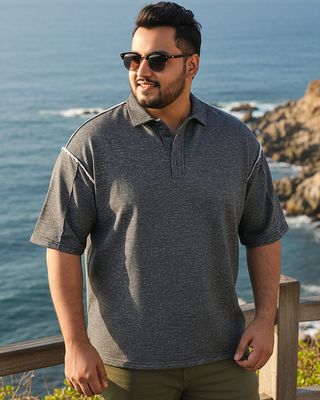 Shop Men's Grey Oversized Plus Size Polo T-shirt-Front