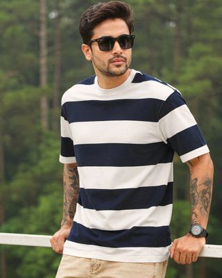 Men's Blue & White Striped Oversized T-shirt-Front Bewakoof Shop Men's Blue & White Striped Oversized T-shirt-Front