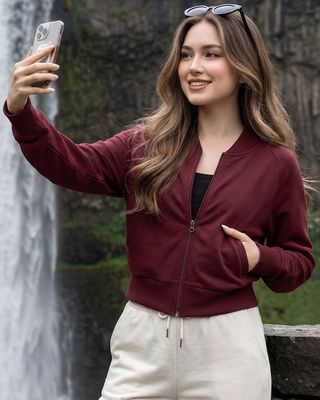 Shop Women's Tawny Port Maroon Crop Zipper Sweatshirt-Front