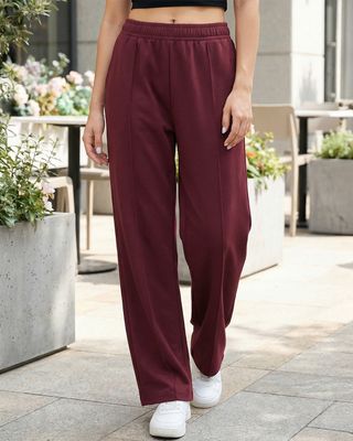 Women's Tawny Port Maroon Wide Leg Track Pants-Front Bewakoof Shop Women's Tawny Port Maroon Wide Leg Track Pants-Front