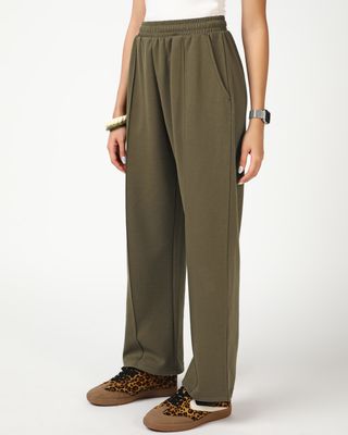 Women's Dark Olive Green Wide Leg Track Pants-Front Bewakoof Shop Women's Dark Olive Green Wide Leg Track Pants-Front