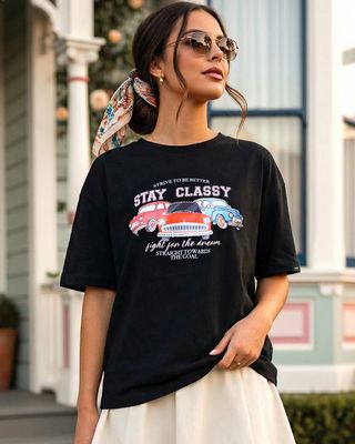 Shop Women's Black Stay Classy Graphic Printed Oversized T-shirt-Front