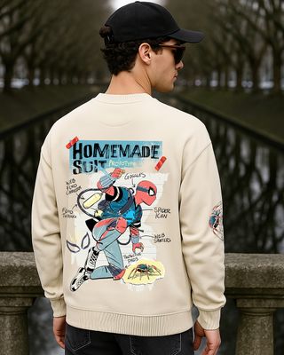 Shop Men's Beige Home Made Graphic Printed Oversized Sweatshirt-Front