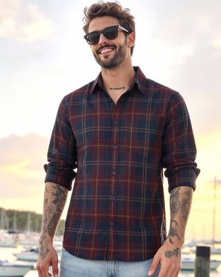 Shop Men's Blue & Maroon Checked Shirts-Front