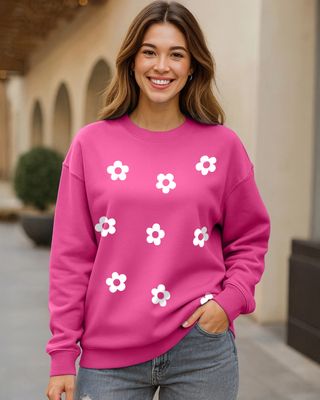 Shop Women's Magenta Floral Printed Oversized Sweatshirt-Front