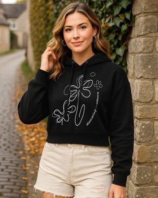 Shop Women's Black Graphic Printed Oversized Crop Hoodies-Front