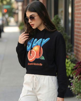 Shop Women's Black Slay  Graphic Printed Oversized Crop Hoodies-Front