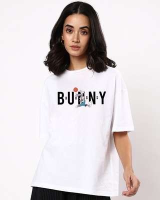 Shop Women's White Bunny Typography Oversized fit T-shirt-Front