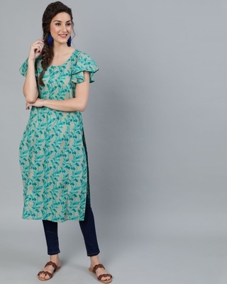 Shop AKS Blue Printed Straight Kurta With Flare Sleeve-Front
