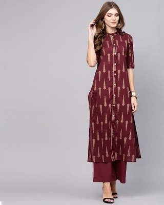 Shop AKS Maroon Gold Printed Button Down Kurta With Palazzo-Front