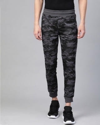 Shop Alcis Men Black Charcoal Grey Straight Fit Camouflage Printed Joggers-Front