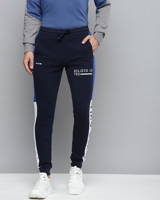Shop Alcis Men Navy Blue Solid Slim Fit Joggers with Printed Detail-Front
