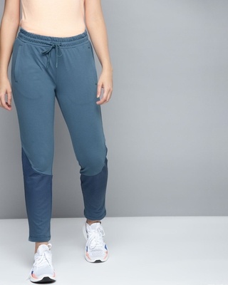 Shop Alcis Women Blue Solid Slim Fit Track Pants with Printed Detail-Front