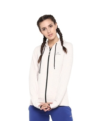 Shop Alcis Women's Cream-Coloured Ribbed Hooded Sporty Slim Fit Jacket-Front