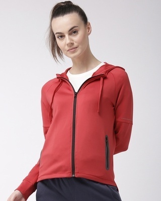 Shop Alcis Women's Red Hooded Slim Fit Jacket-Front