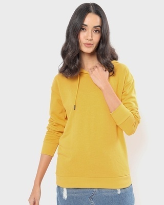 Shop Women's Yellow Drop Shoulder Relaxed Fit Hoodie-Front