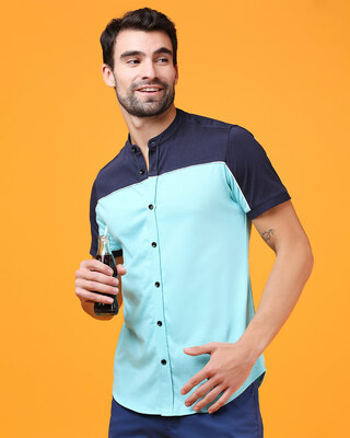 Shop Beach Blue Mandarin Collar Shirt-Front