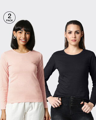 Shop Baby Pink-Black Full Sleeve T-Shirt Combo-Front