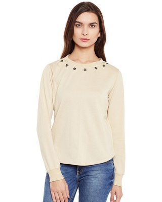 Shop Belle Fille Women's Beige Embellished Regular Fit Sweatshirt-Front