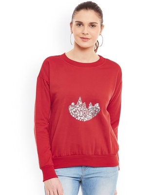 Shop Belle Fille Women's Red Embellished Regular Fit Sweatshirt-Front