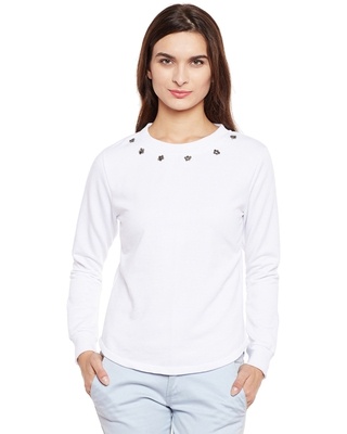 Shop Belle Fille Women's White Embellished Regular Fit Sweatshirt-Front