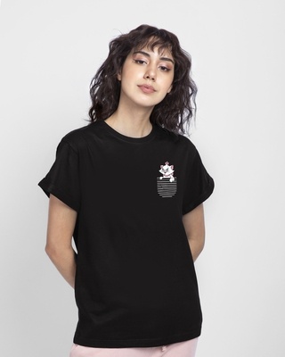 Shop Women's Black Pocket Cat (DL) Graphic Printed Boyfriend T-shirt-Front