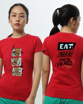Shop Bewakoof Women's Red Groot Munching (GOTGL) Half Sleeves T-Shirt-Front