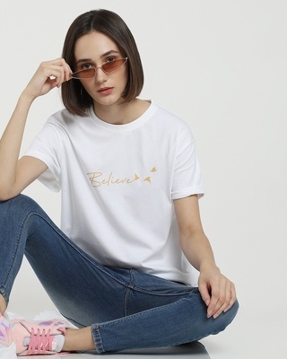 Shop Women's White Believe Typography Boyfriend T-shirt-Front