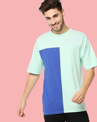 Shop Bird Egg Blue Half Sleeves Color Block T-Shirt-Front