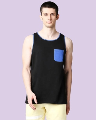 Shop Black-Dazzling Blue Round Neck Contrast Binding Pocket Vest-Front