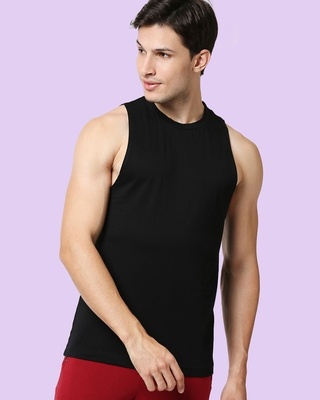 Shop Men's Black Deep Armhole Oversized Vest-Front
