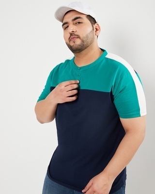 Shop Men's Blue & White Color Block Plus Size Henley T-shirt-Front