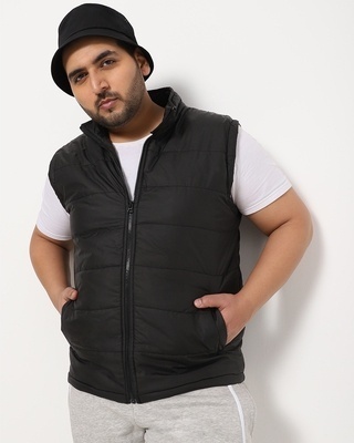 Shop Black Plus Size Sleeveless Puffers Jacket-Front
