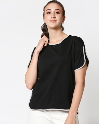Shop Black-Quiet Grey Half Sleeves Tape T-Shirt-Front