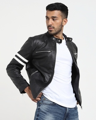 Shop Black Solid Faux Leather Jacket-Front