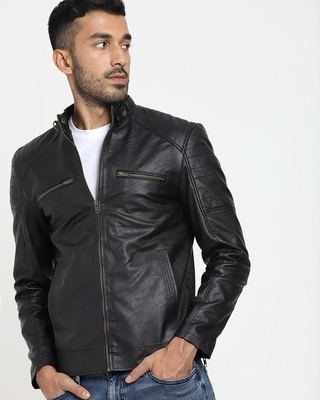 Black Zip Pocket Faux Leather Jacket-Front Bewakoof