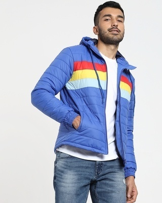 Shop Blue Plus Size Color Block Puffer Jacket-Front